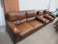 Brown Leather Four Piece Suite comprising of A 2-Seater Sofa, 2x Armchairs and A Pouffe