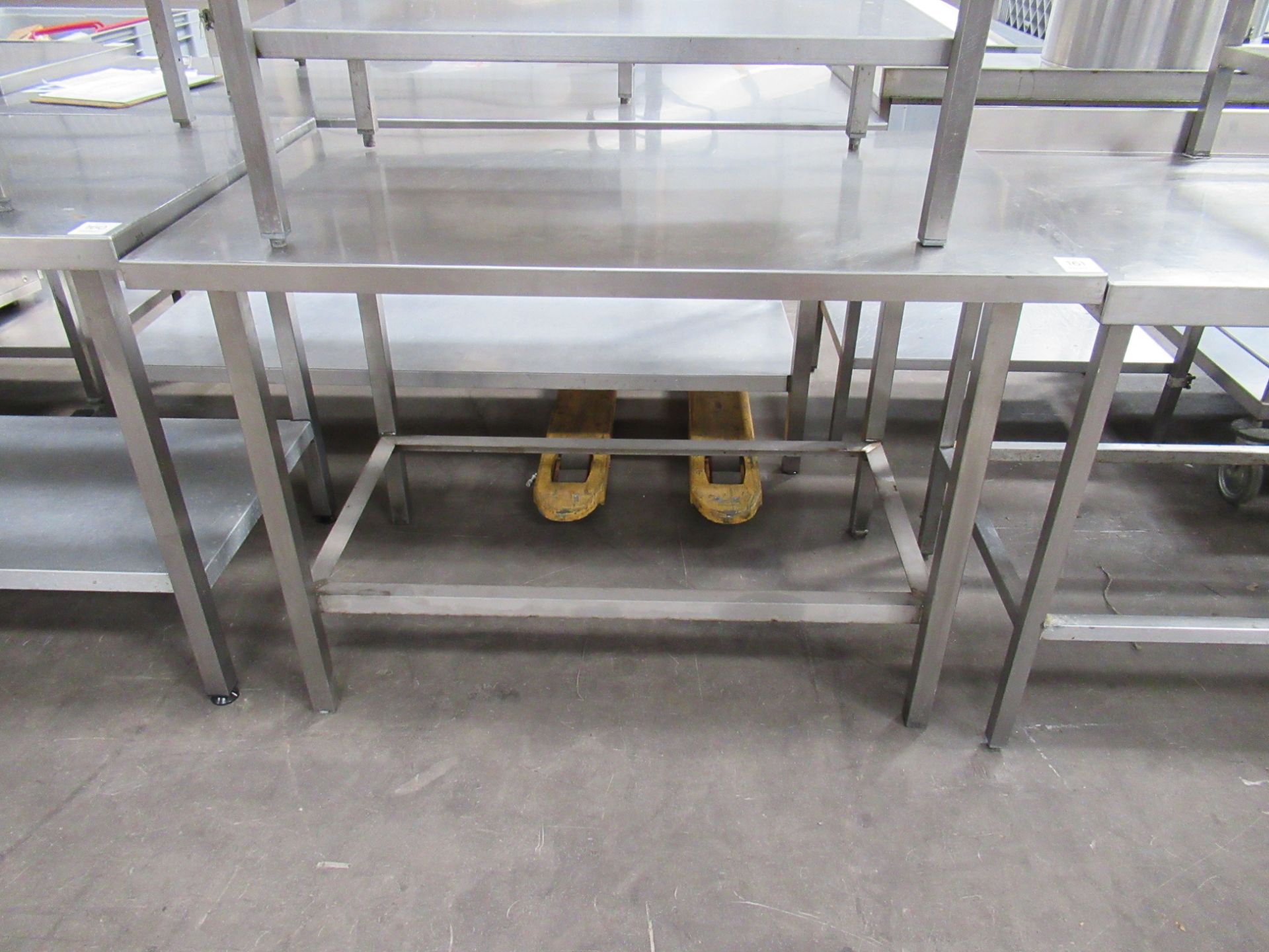 2x Stainless Steel Commercial Catering Prep Tables - one with splashback and single drawer