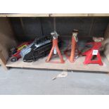 A small trolley jack "no handle", a car scissor jack and 3x axel stands