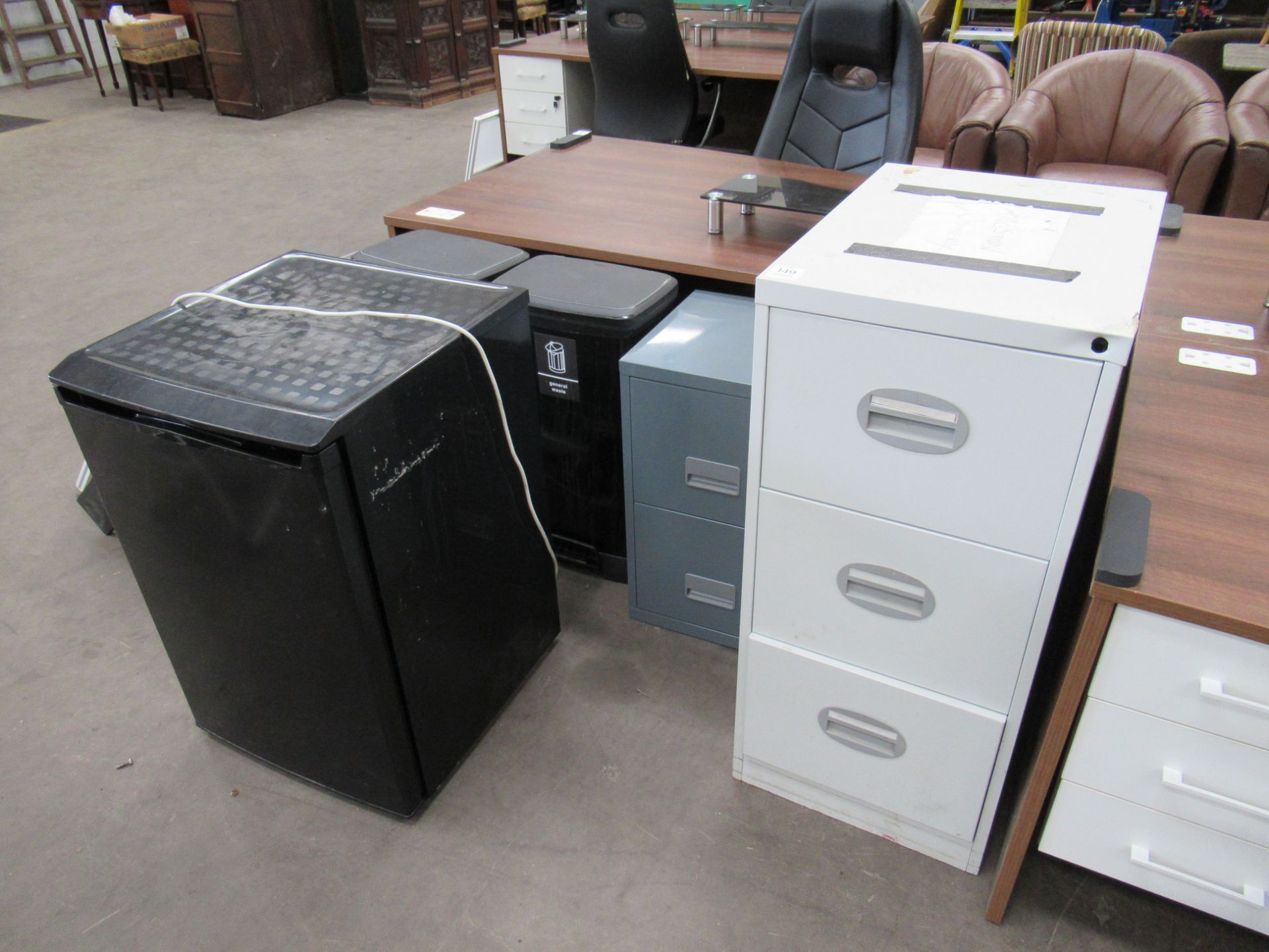 2x Metal Cabinets, 2x Foot Pedal Bins and a Undercounter Fridge