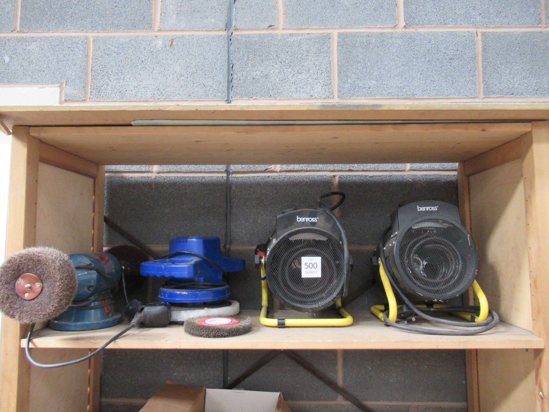 A 240V Silverline Bench Grinder/Polisher, 2x Benross 240V heaters and a 240V car polisher