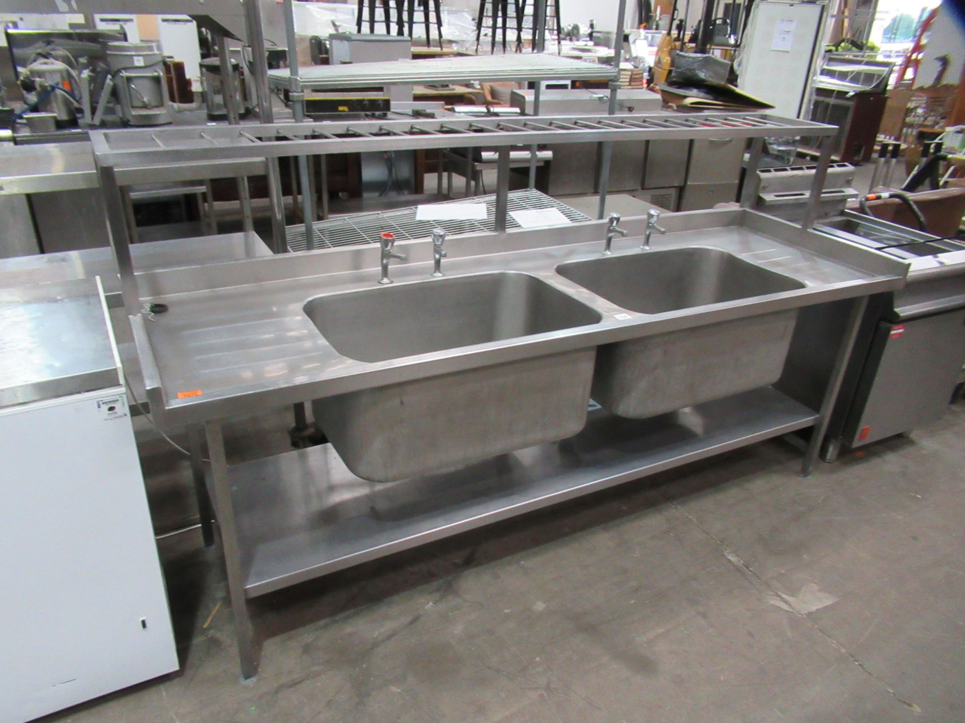 Large Stainless Steel Double Basin Sink Unit With Welded Rack & Under Tier