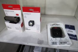 Bontrager Ion Comp R front bike light, Ion 100 R bicycle light, and Hiplock FLX Lock light clip