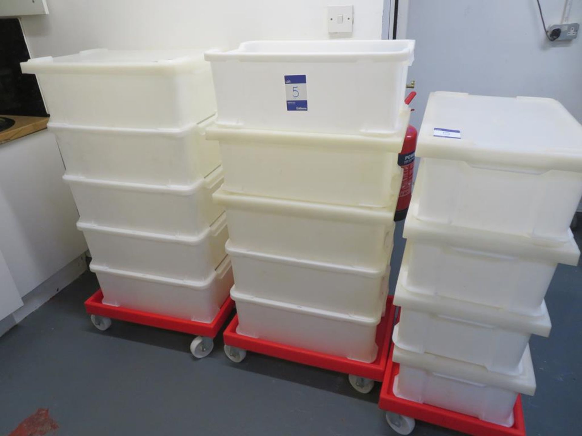 14 x Heavy Duty Plastic Crates (590 x 400 x 220mm) with 7 x Lids and 3 x Bogeys