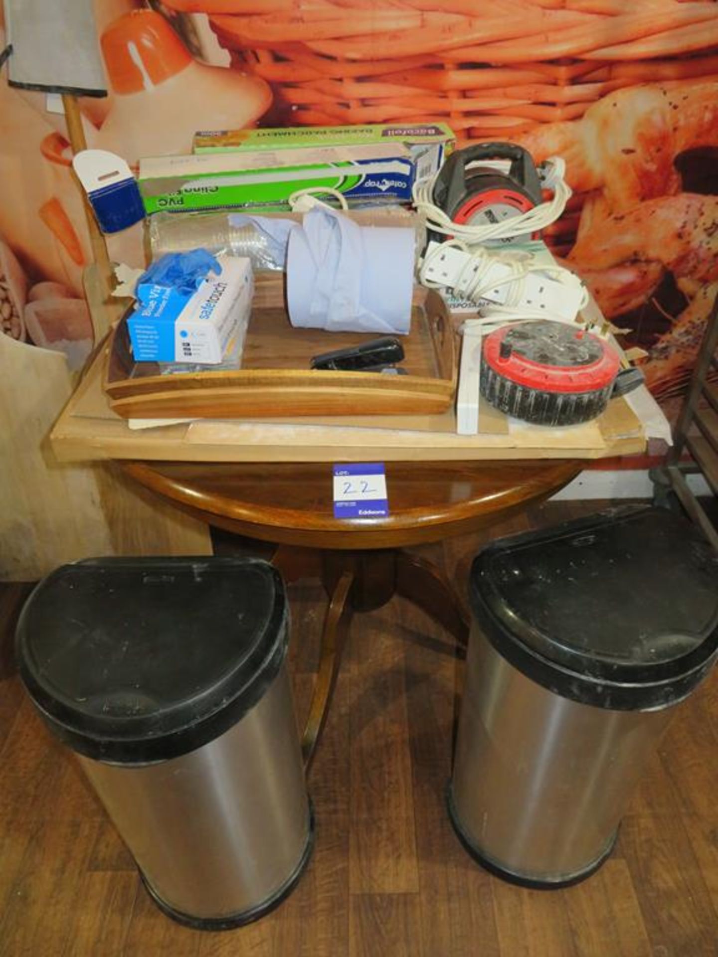 Circular Darkwood Table, 2 x Bins, Wooden Trays, Packaging etc