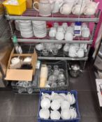 Craven 3 tier wire racking, and contents, to include an assortment of mugs, saucers, etc