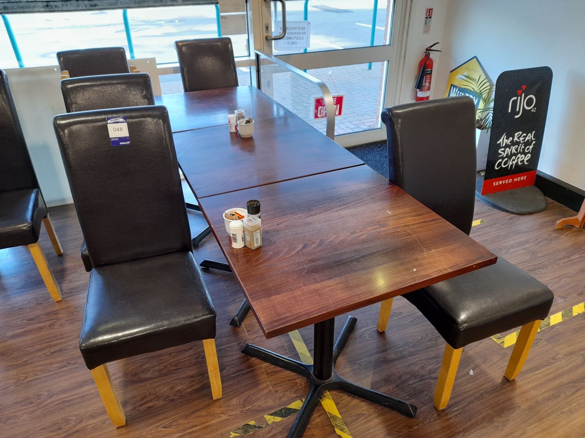 3 x Square tables (Approx. 700 x 700), with 6 x leather effect chairs