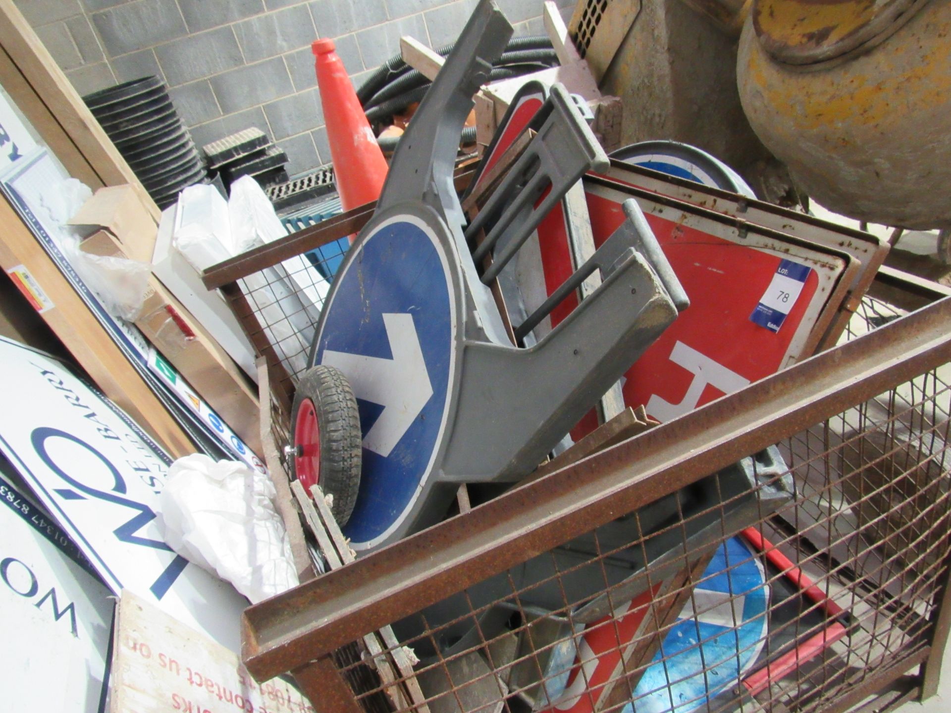 Steel stillage with quantity of road signs and qua