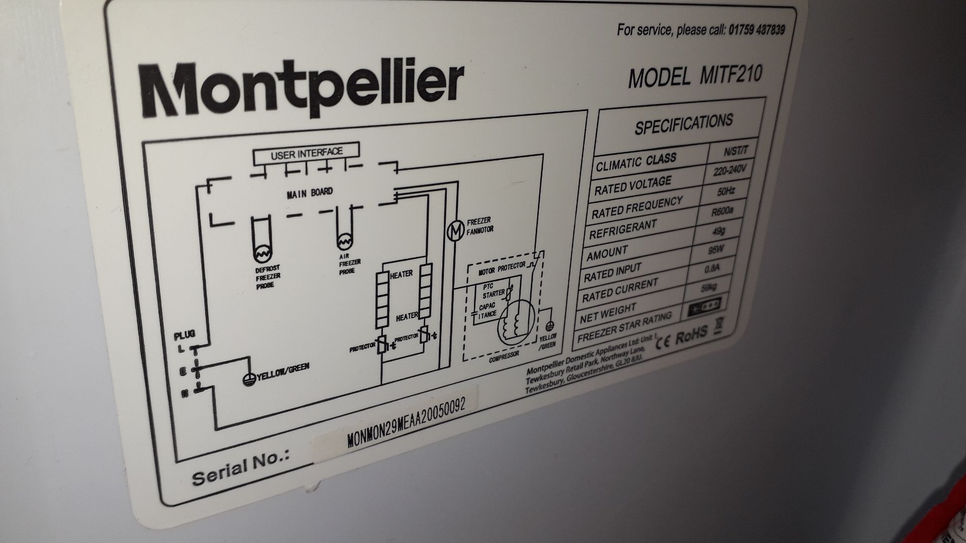 Montpellier MITF210 Tall In-column 200ltr No Frost Freezer, serial number MONMON29MEAA 20050092 - Image 3 of 3