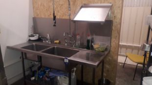 Stainless steel double bowl Commercial Sink with pot wash, right hand drain, splash back & angled