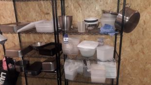 2 bays of adjustable Wire Shelving & contents of plastic containers & various cookware