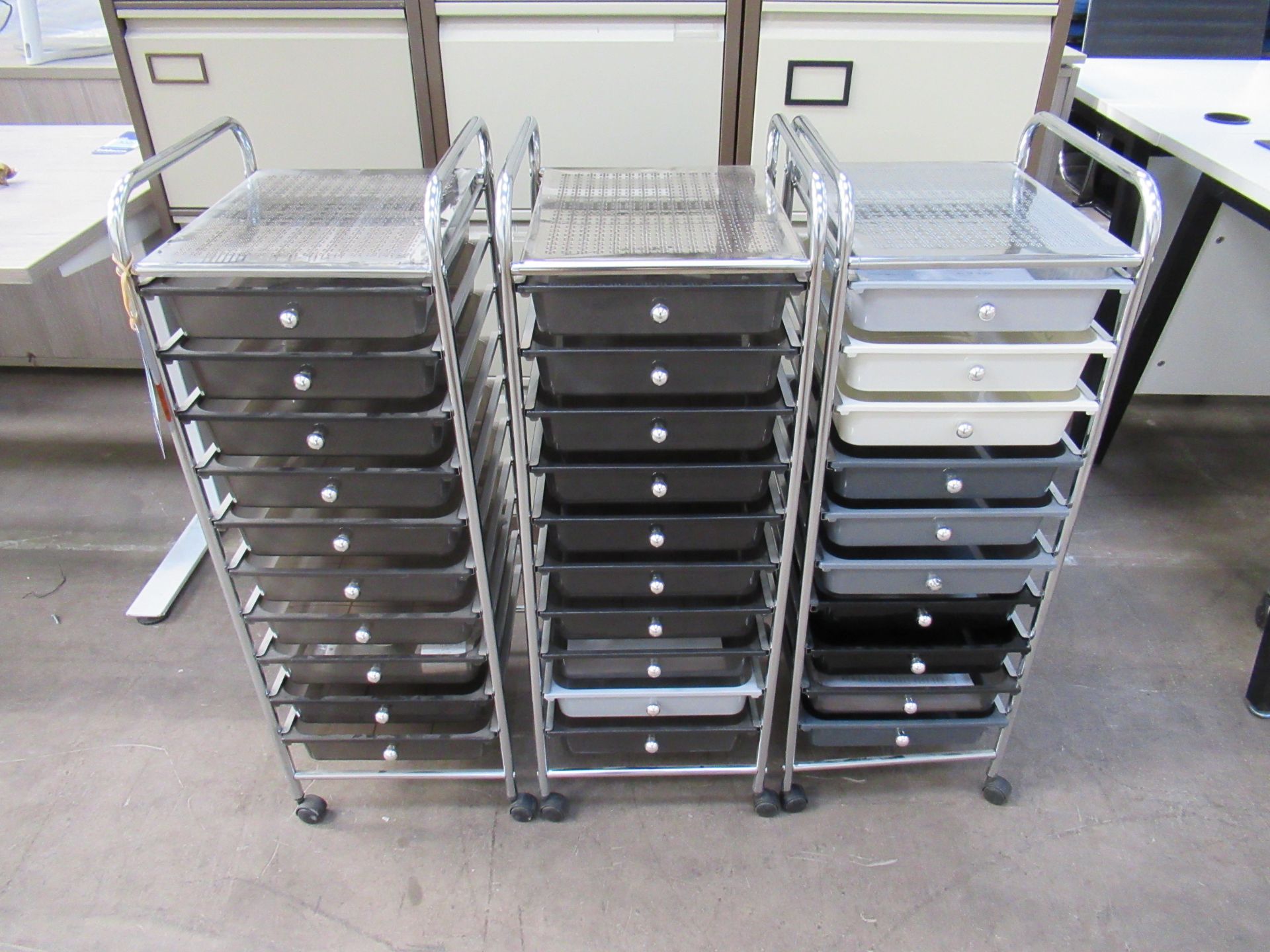 3 x Chrome Metal Mobile Ten Tray Storage units