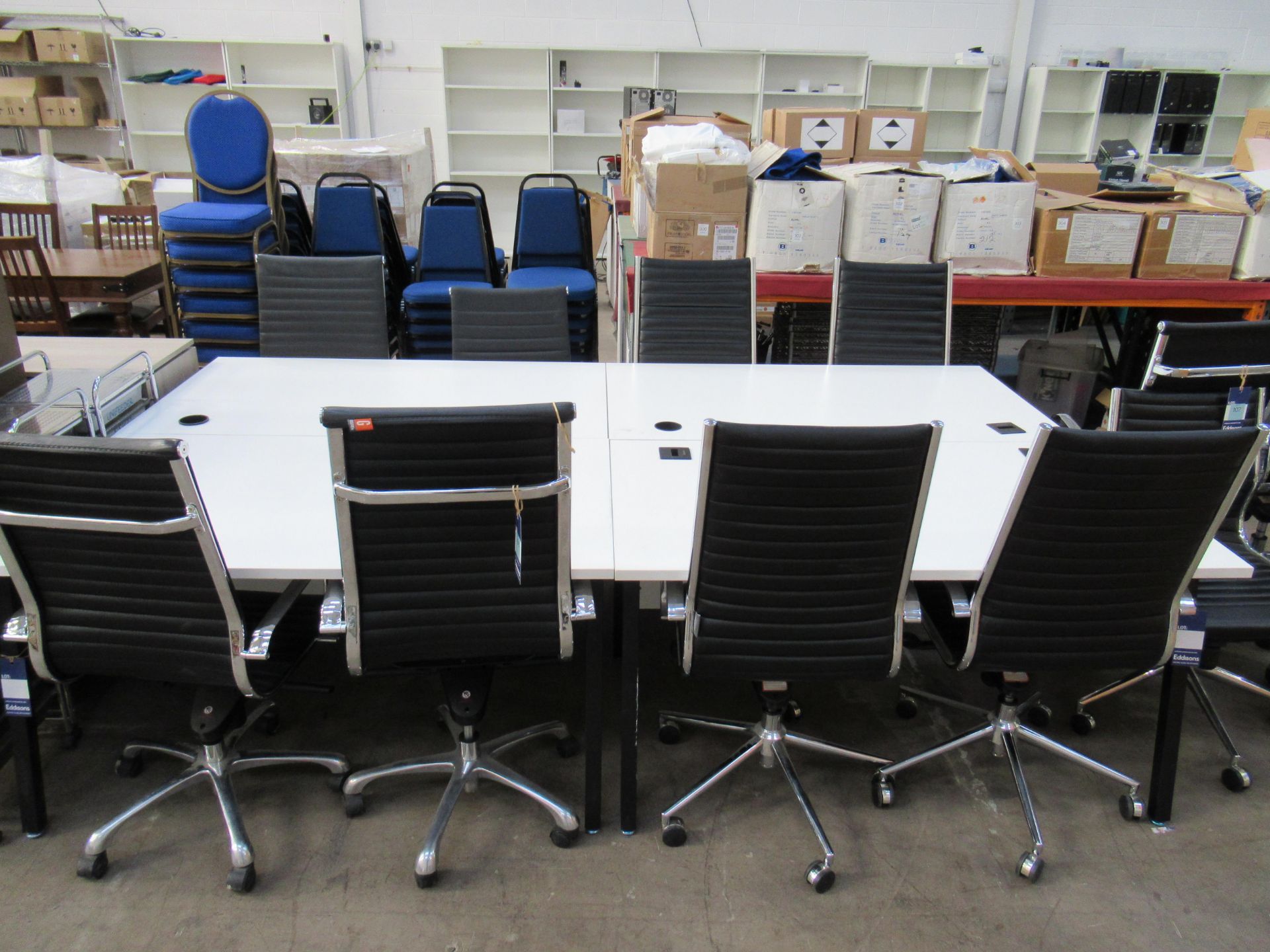 4 x White Top Black Framed Office Desks (all H730mm , W1400mm , D800mm) and 8 x Black Ribbed Leather