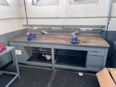 Large Heavy Duty Wooden Workbench with 2 Mounted Irwin Record No.23 Vices and Another Wooden Workben