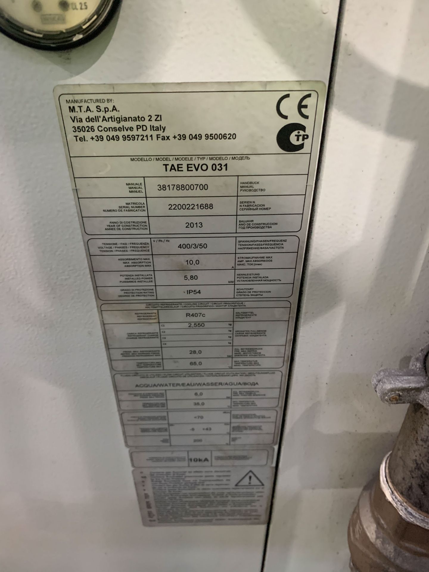 2013 Industrial Cooling TAE Evo 031 Water Chiller - Image 5 of 5