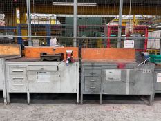 2x Metal Engineering Workbenches Mounted with Record Vices, together with 2x Engineering Beds