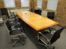 Executive boardroom table, 2 part, 3200mm x 1230mm, 2 tone maple with edging detail and 8 chrome and