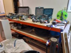 Two tier workbench with quantity rope, barbed wire etc. (lotted items to top of workbench