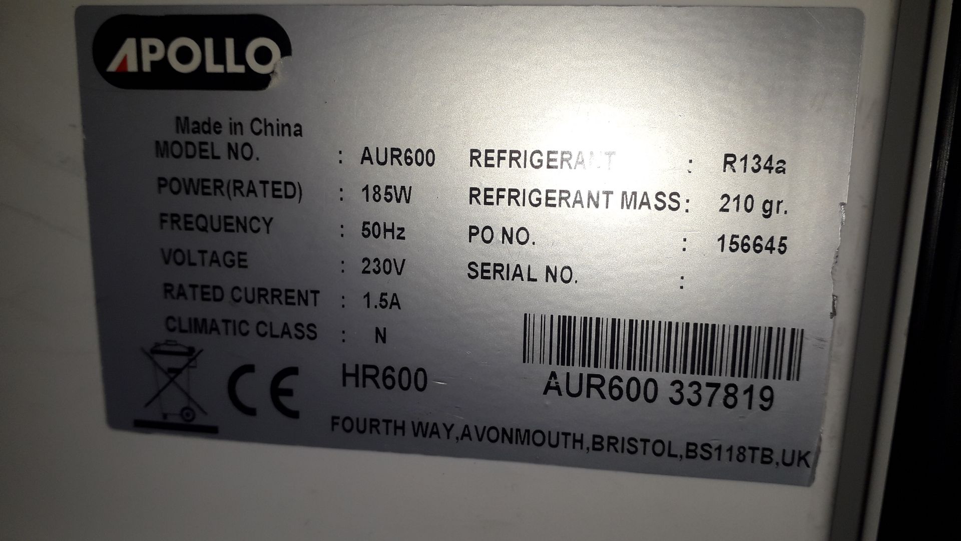 Apollo AUR600 Upright Single Door Wide 600Ltr Refrigerator, W777 x D695 x H1890, Serial Number - Image 3 of 3