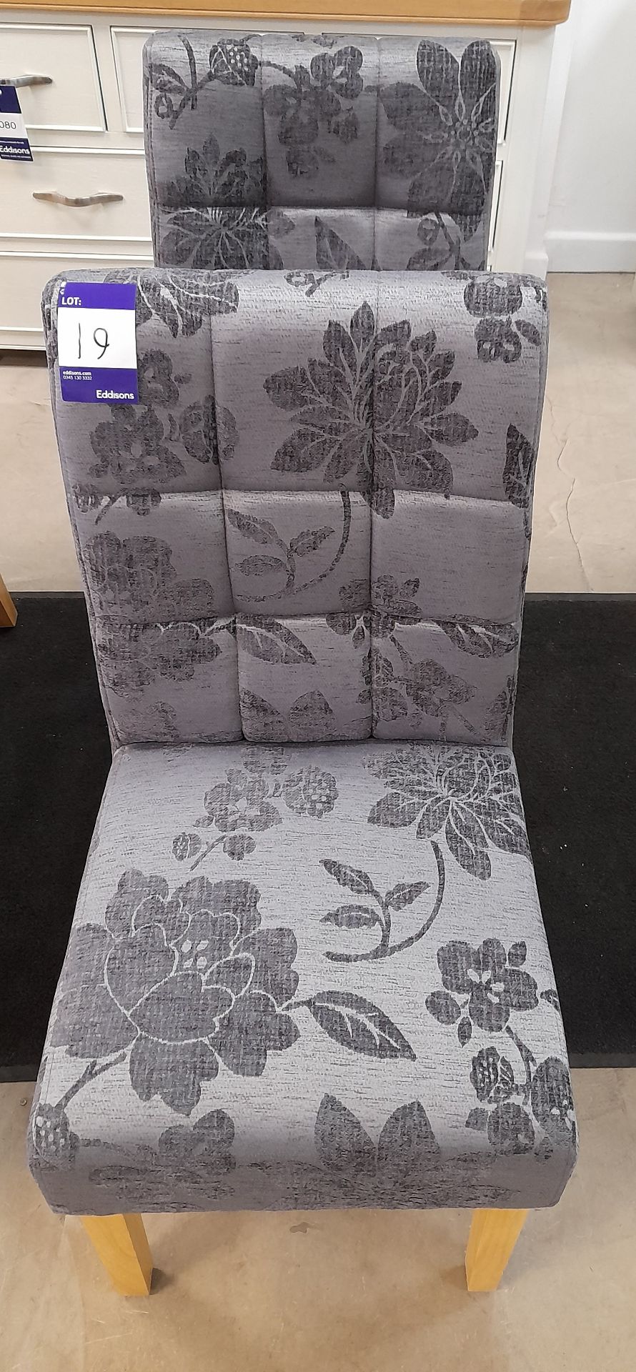 2 x Dark grey floral effect fabric dining chairs