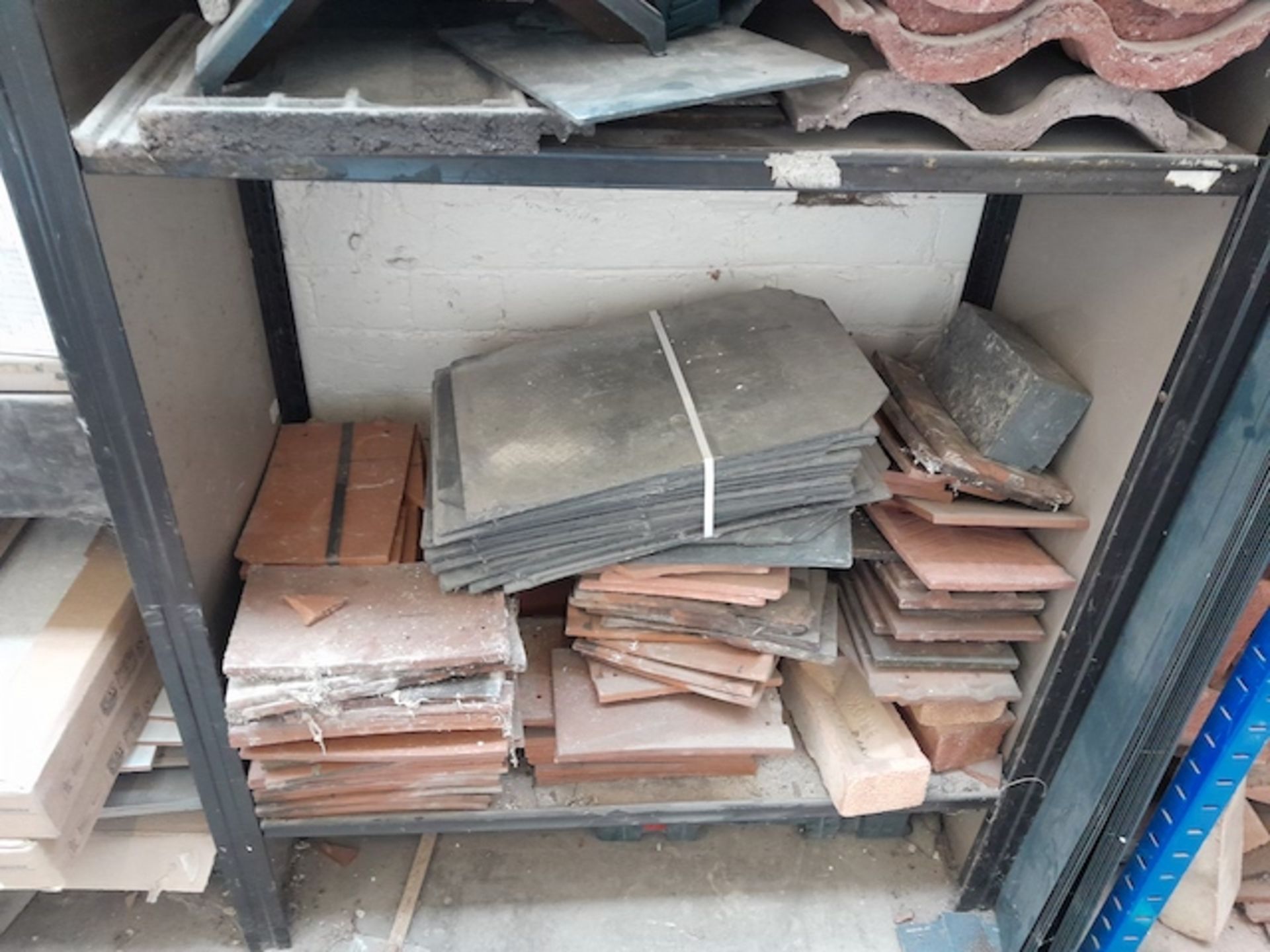 3 racks to include contents of various ridge tiles and other tiles, Macallister tile cutter etc. - Image 5 of 7
