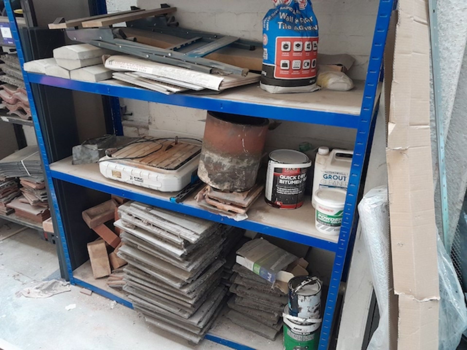 3 racks to include contents of various ridge tiles and other tiles, Macallister tile cutter etc. - Image 2 of 7