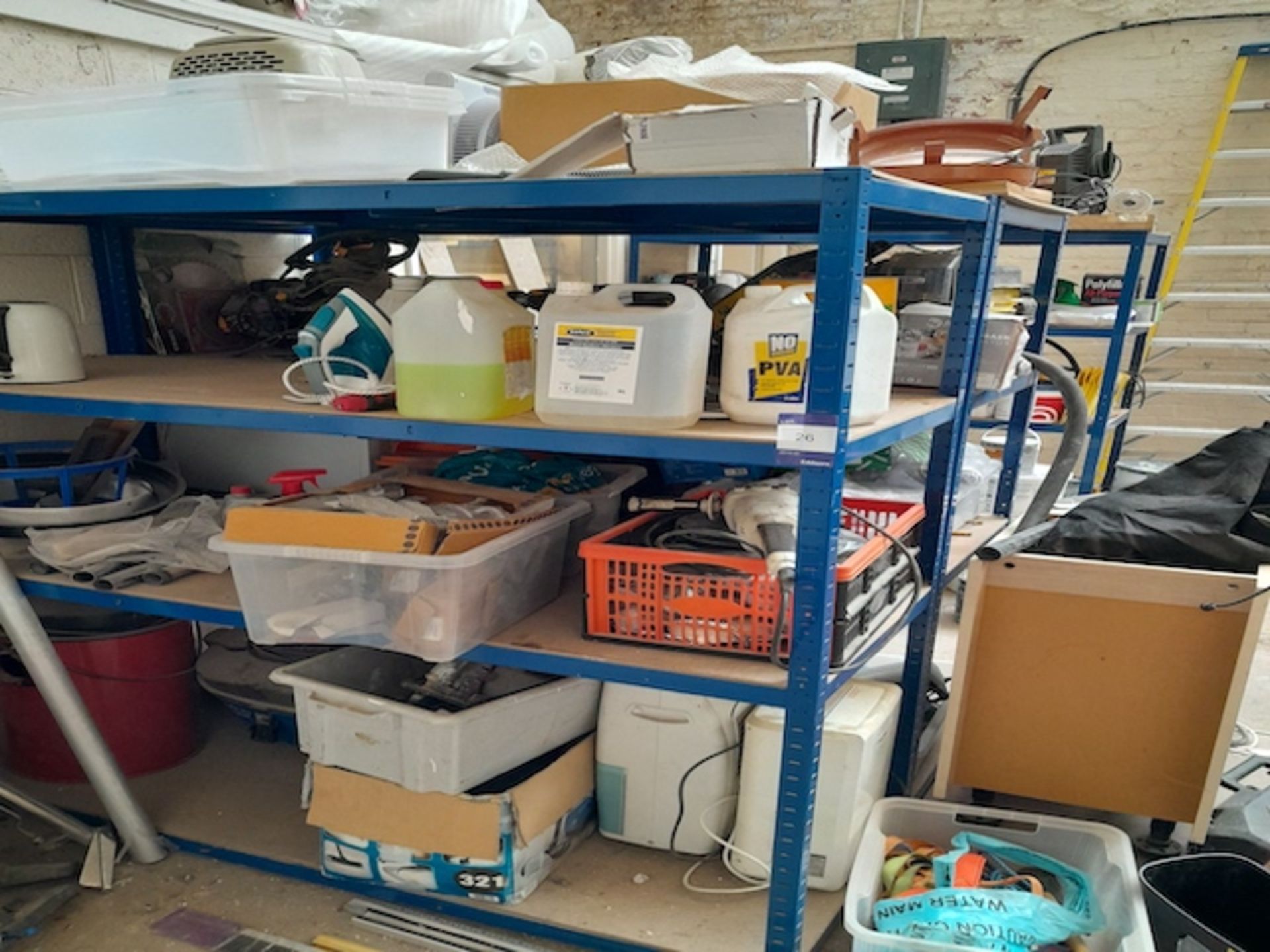 3x 4 shelf shelving units with contents as per pho