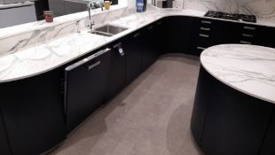 Contemporary corner kitchen workstation, with multi cupboards, integrated recycle cupboard,