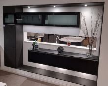 Contemporary wall mounted storage unit with glazed doors along with wall mounted 2 drawer cabinet,