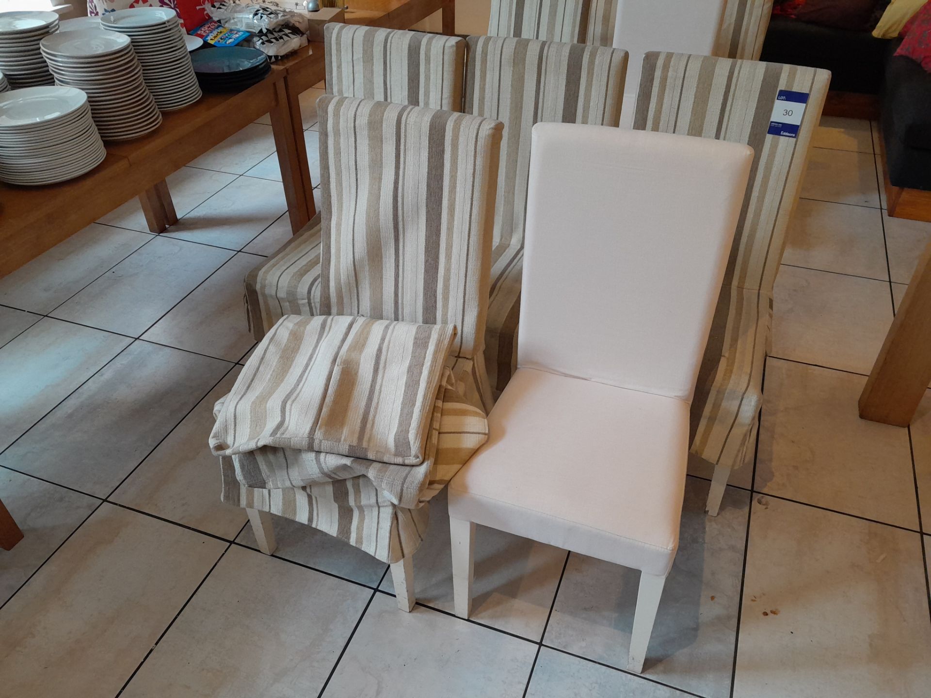 5 cream fabric dining chairs with stripey covers as lotted - Image 2 of 2