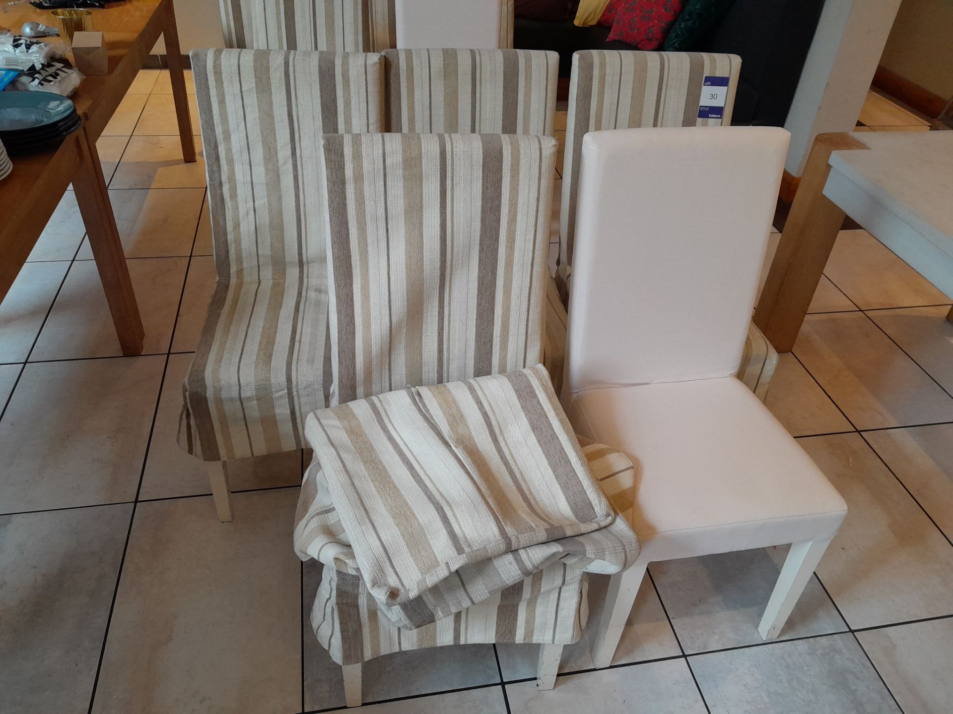 5 cream fabric dining chairs with stripey covers as lotted