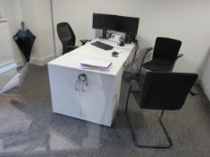 Office desk with 2 meeting chairs and 3 various cu