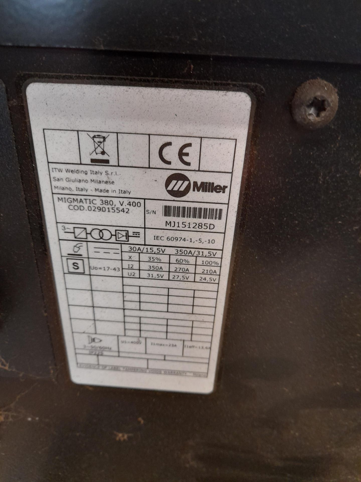 Miller Migmatic 380 V400 mig welder, Serial Number - Image 3 of 3