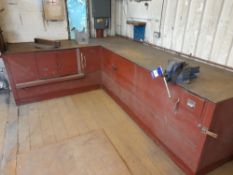 L shaped fabricated bench with vice, Approx 3200mm