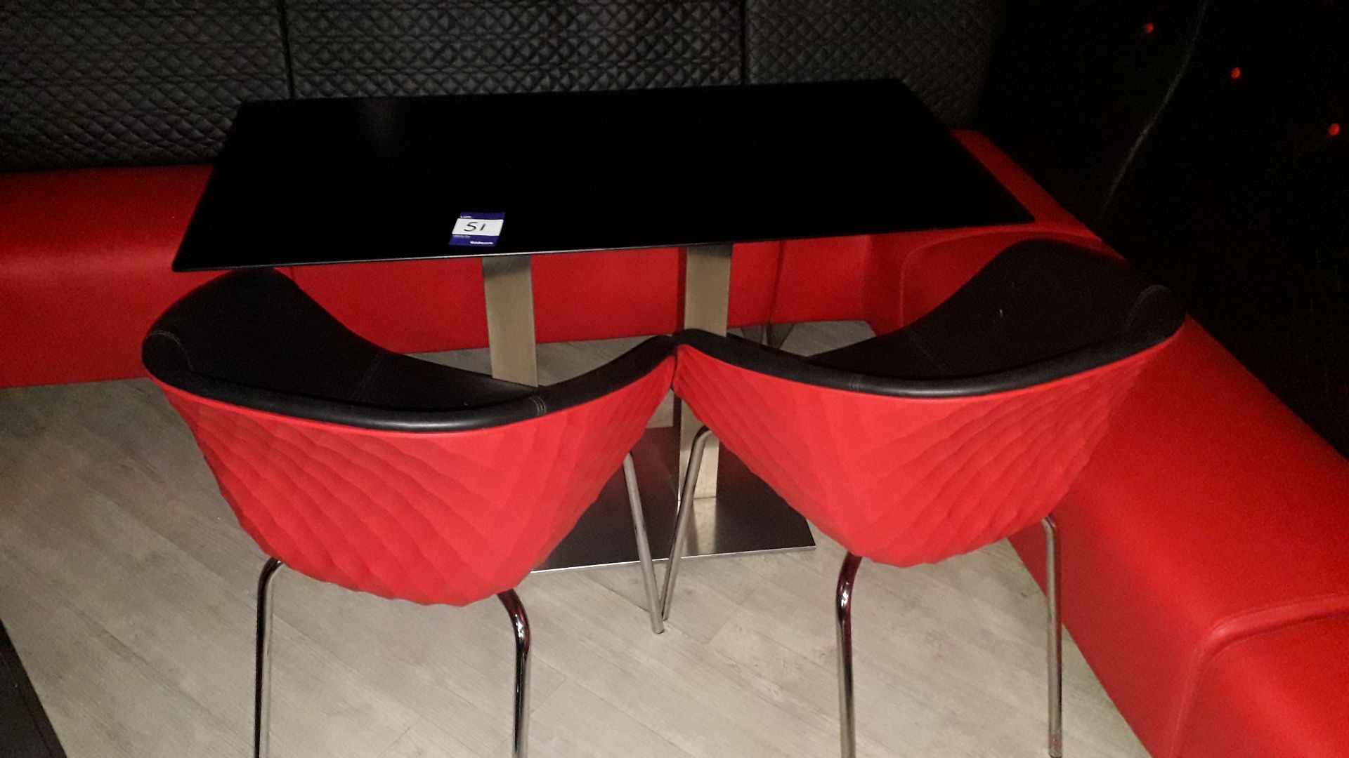 2 x Metamobil red plastic stackable chairs and chrome based pedestal table (1,200mm)
