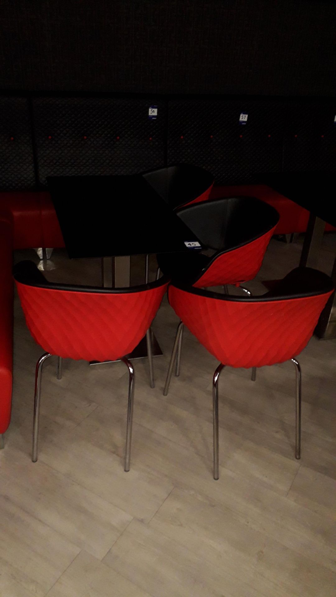 4 x Metamobil red plastic stackable chairs and chrome based pedestal table (1,200mm) - Image 2 of 2