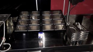 2 x slanted 8 x 1/9 gastro pan display bar, with 12 x 1/9 Gastro pans, Stainless Steel pouring jugs,