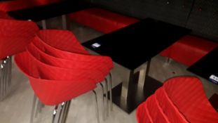 4 x Metamobil red plastic stackable chairs and chrome based pedestal table (1,200mm)