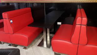2 x red faux leather upholstered benches with chrome pedestal table 1200mm (benches are drilled to