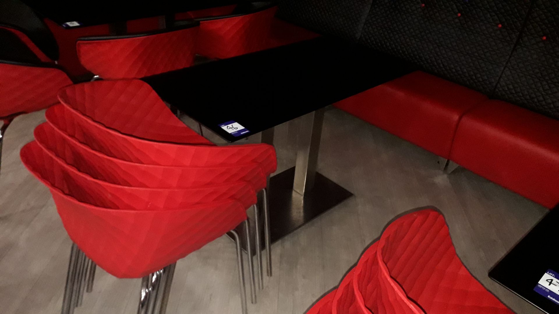4 x Metamobil red plastic stackable chairs and chrome based pedestal table (1,200mm) - Image 2 of 2