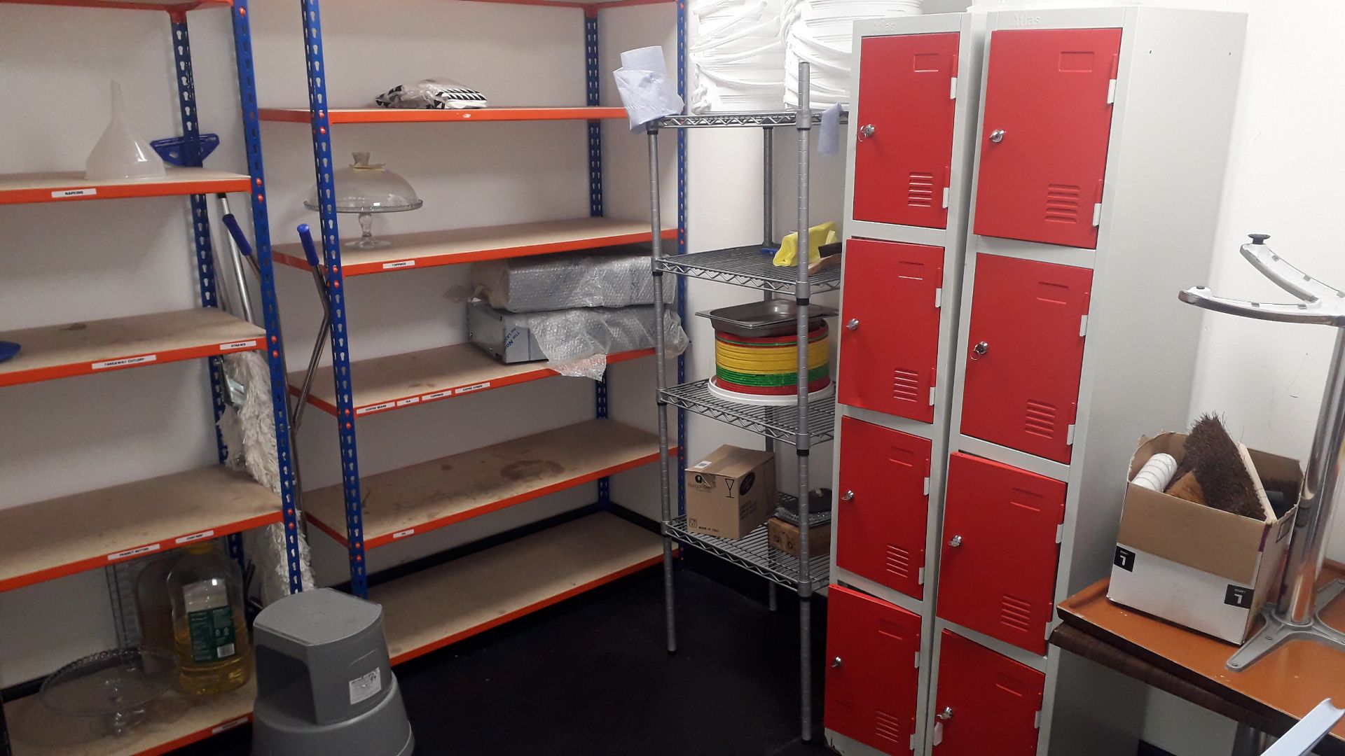 Contents of store room to include 3 bays boltless shelving, 2 x Atlas steel upright 4 door key
