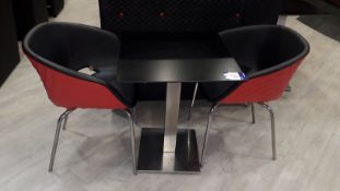 2 x Metamobil red plastic chairs and chrome based pedestal table (600mm)