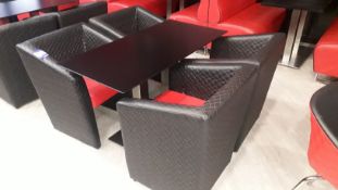 4 x black & red faux leather upholstered chairs and chrome based pedestal table