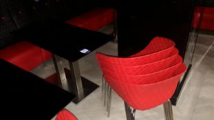 4 x Metamobil red plastic stackable chairs and chrome based pedestal table (1,200mm)