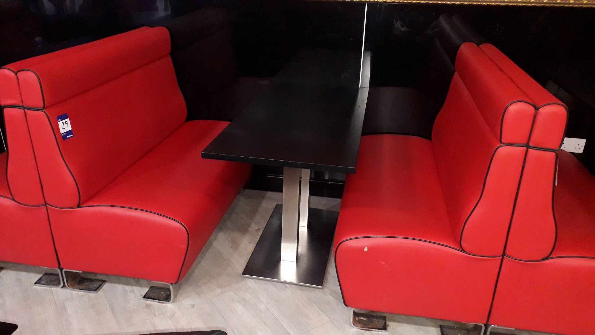 2 x red faux leather upholstered benches with chrome pedestal table 1200mm (benches are drilled to - Image 2 of 2