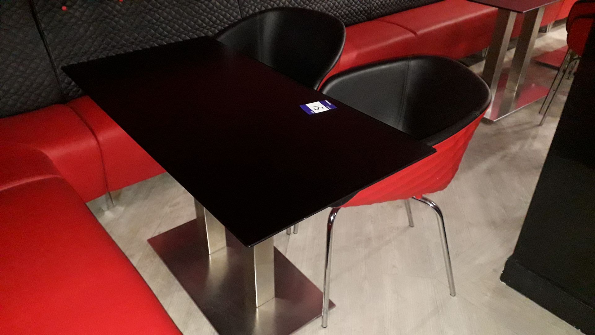 2 x Metamobil red plastic stackable chairs and chrome based pedestal table (1,200mm) - Image 2 of 3