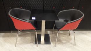 2 x Metamobil red plastic chairs and chrome based pedestal table (600mm)