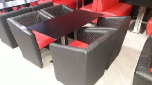4 x black & red faux leather upholstered chairs and chrome based pedestal table