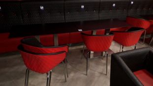 4 x Metamobil red plastic stackable chairs and 2 x chrome based pedestal tables (1,200mm)