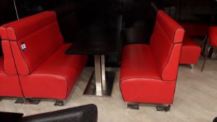 2 x red faux leather upholstered benches with chrome pedestal table 1200mm (benches are drilled to